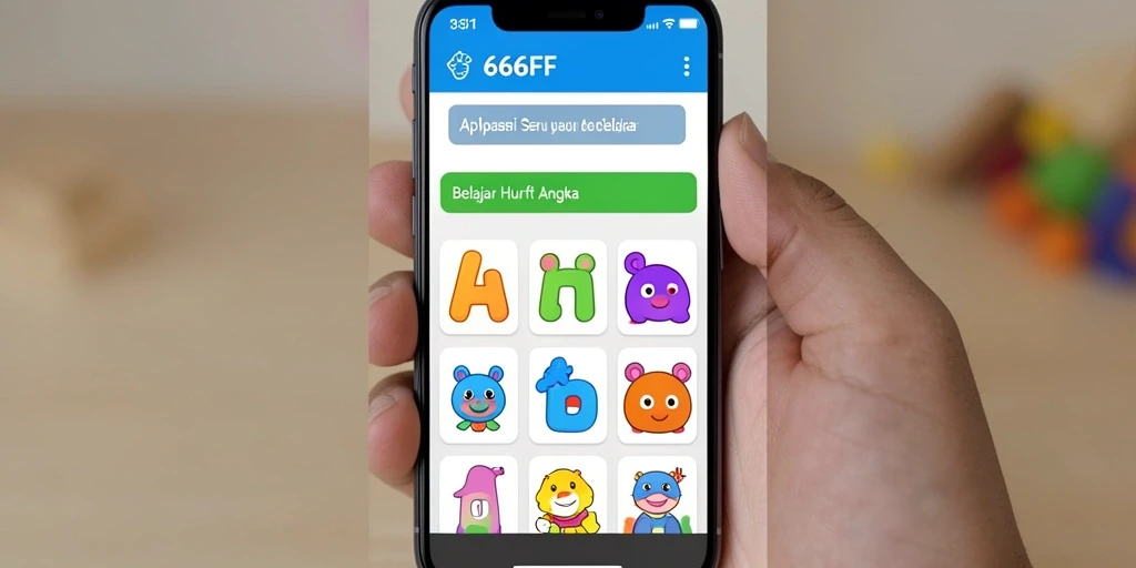 Antarmuka aplikasi 666FF yang ceria dan interaktif untuk belajar huruf dan angka.